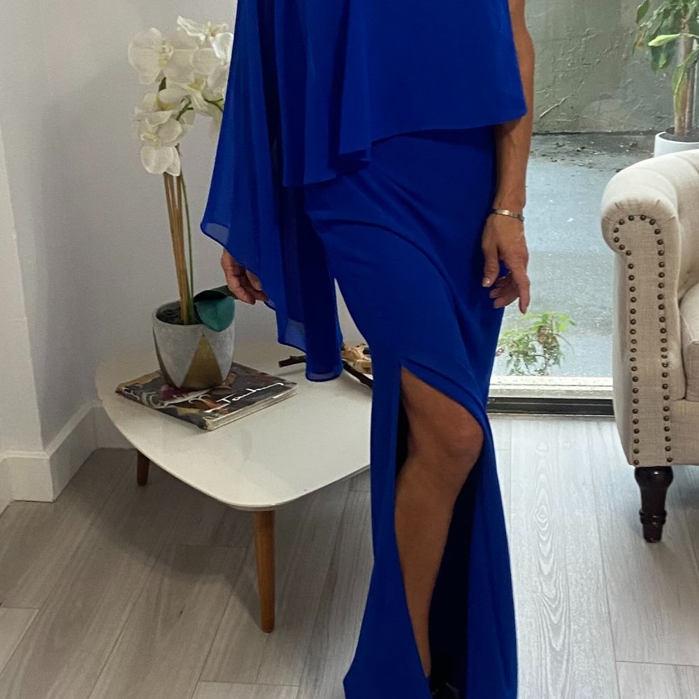 Laundry By Shelli Segal Royal Blue One Shoulder High Slit Long Dress